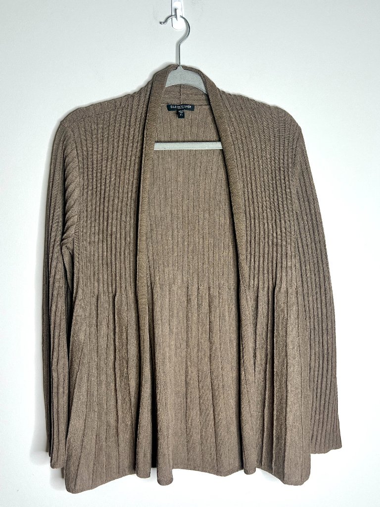 Eileen Fisher 100% Wool Taupe Ribbed Open Knit Oversized Cardigan Sweater Sz Sp